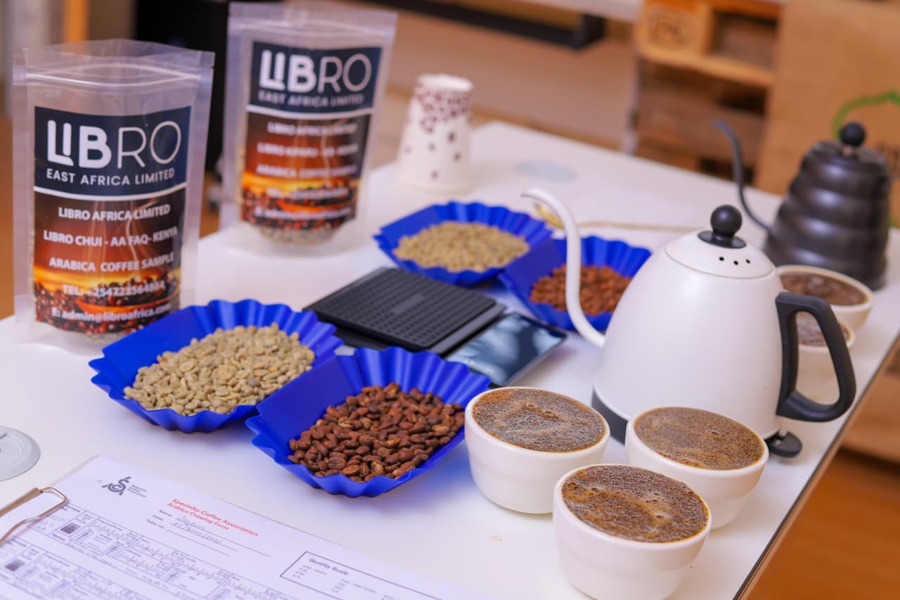 Branded jute coffee export sack from Kenya with Libro samples and cupping equipment
