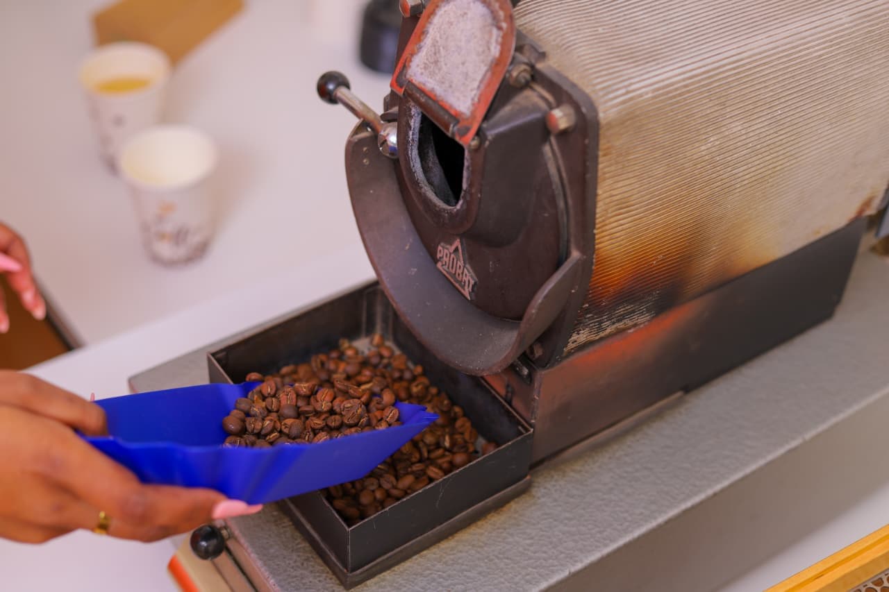 Detailed view of sample coffee roaster machine during a roasting session at Libro East Africa